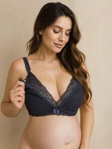 Reinforced Lace Nursing Bra For Pregnant Women, Easy Open Postpartum. - Navy Blue - View 1