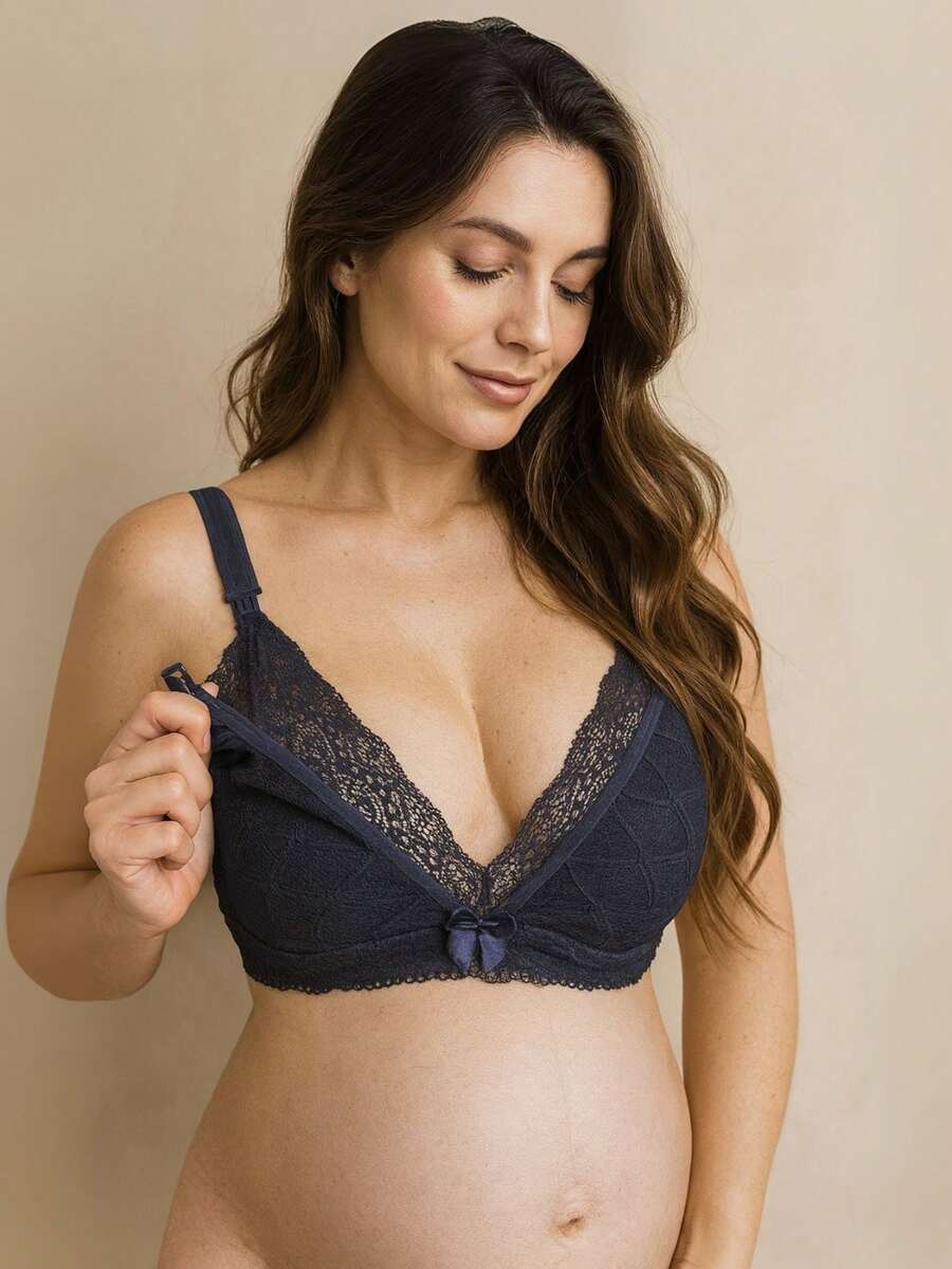 Reinforced Lace Nursing Bra For Pregnant Women, Easy Open Postpartum. - Navy Blue - View 1