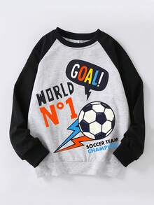 青少年男孩足球图案运动风格黑灰色撞色肩长袖卡通印花T恤秋冬新款男童 - 灰色 - 查看 2