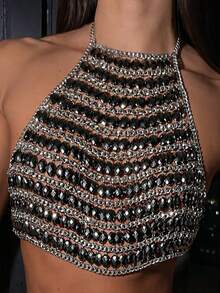 DEKUNER 1 pieza Cadena corporal de perlas falsas con estilo Y2K, adecuada para mujeres y niñas como accesorio para la playa, resort o fiesta, otoño/invierno - Plata brillante 292 - Ver 5