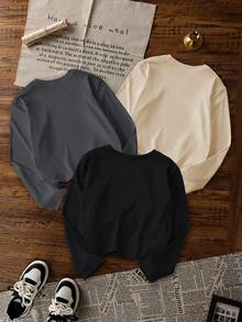 3 件套青少年男童休闲印花圆领长袖 T 恤，秋冬款，学生和年轻时尚达人 - Flying Eagle Design，终极 T 恤系列 - 杏色 - 查看 4