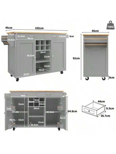 Moderne Kitchen Isl (102*45*92cm), Cabinet, Buffet Dining Cart Wood Grain, Multifunctional Tafel Storage Space, Grijs view 2