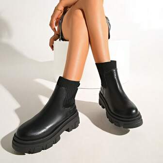 Women's Thick Sole Lightweight Versatile Knit Ankle Boots - Suitable For Parties, Holidays, And Various Occasions, Flattering Slim Fit Ankle Boots