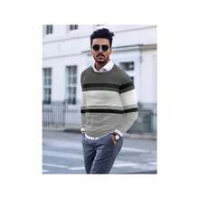 Men's Crew Neck Sweater Slim Fit Lightweight Sweatshirts Knitted Pullover For Casual Or Dressy Wear - Xám/Trắng - Xem 4