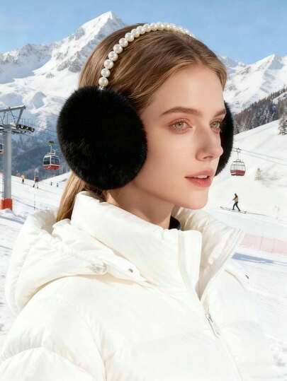 1pc Women's Winter Plush Earmuffs, Faux Pearl Earmuffs, Party Headwear, Daily Fashion Earmuffs, Outdoor Warm Earmuffs White Ear Muffs