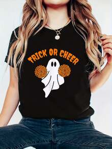 Cute Cheerleader Ghost Cheerleading Trick Or Treat Halloween T-Shirt - Autumn Women's 100% Cotton Short-Sleeved, Thanksgiving And Halloween Maple Leaf Pattern T-Shirt - 黑色 - 查看 6