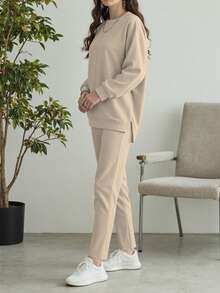 女士休闲纯色简约圆领长袖上衣和裤子套装，适合春秋季穿着 - 杏色58 - 查看 2