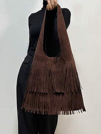 Vintage mocka fransdesign vinröd, brun, kaffefärgad enaxlad armhålsväska för kvinnor, 2024 ny nischdesign amerikansk pendlarstil, mode, lämplig för damer, flickor, stor tygväska