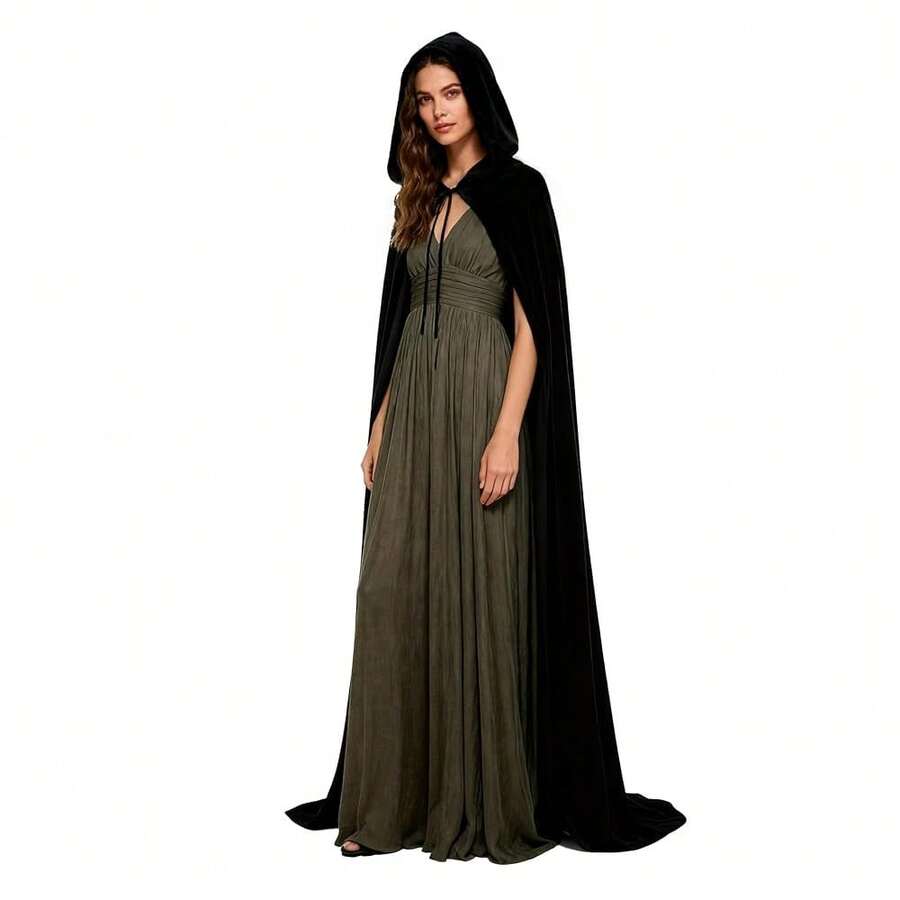 Women's Full Length Witch Cloak Character Velvet Cape Fancy Cosplay Costume{"Color_name":"Black"} - Black - 查看 1
