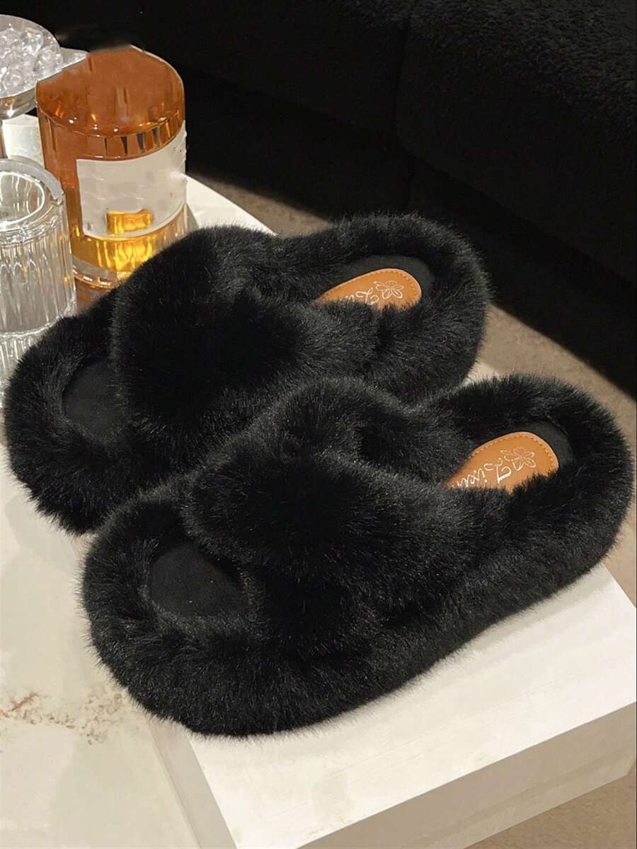 2025 New Women's Winter Viral Thick-Sole High Heel Fluffy Slippers For Outdoor Wear, Autumn New Fairy Style Short Girl Slouchy Increasing Height Platform Slippers, Home/Office Slippers, Size 34-42