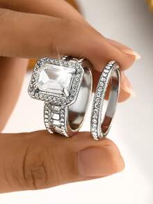 2Pcs/Set Elegant Women's Engagement Ring Set, Inlaid With Sparkling Simple Luxury Design, Perfect For Daily Wear, Engagement, Wedding And Gift