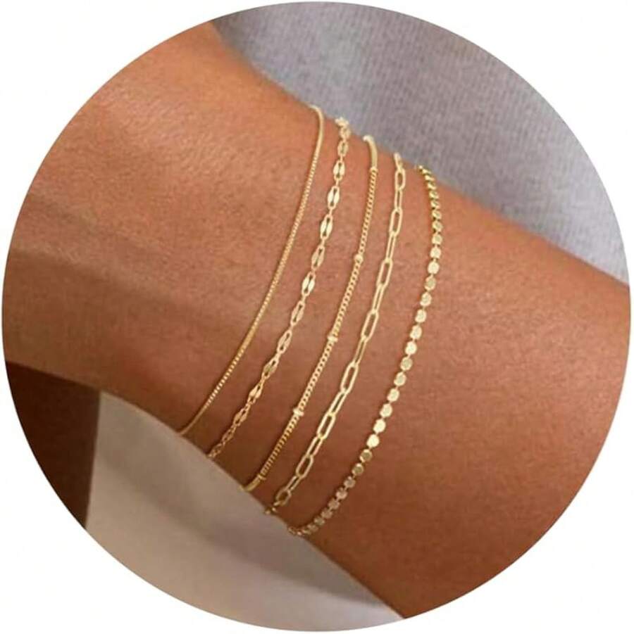 MBW Gold Bracelets Women, Dainty 14K Gold Plated Bracelet Stack Beaded Chain Bracelet Set Thin Small Cute Paperclip Bracelets Fashion Waterproof Jewelry Gold Accessories Women - 精緻 - 查看 1