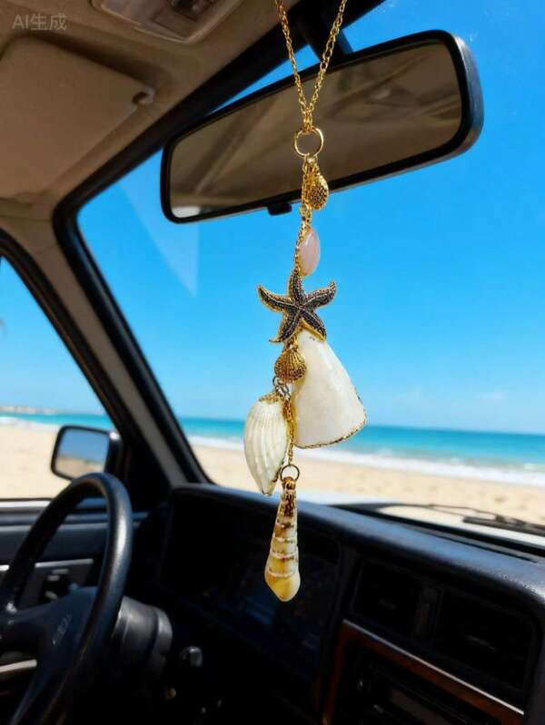 1pc Sea Shells Car Decor,Cute Coastal Hanging Charm For Rear View Mirror, Boho Beach Themed Car Accessories,Hand-Made Starfish Conchas Aesthetic Ornament Pendant For Women