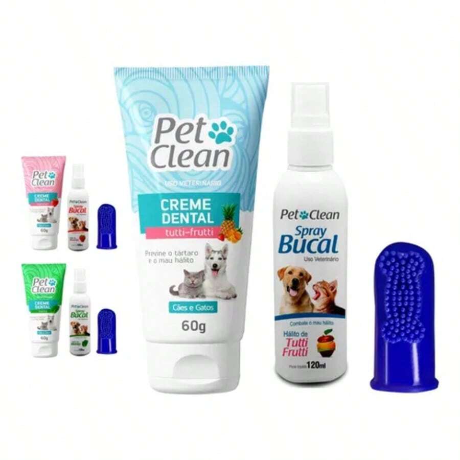Gel Creme Dental Pet + Spray Bucal + Escova Dente Cachorro Sabor Tutti-fruti - Azul - Visão 1