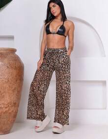 Kickoff Animal Print Wide Leg Lined Wide Leg Trousers - 焦糖棕 - 查看 3