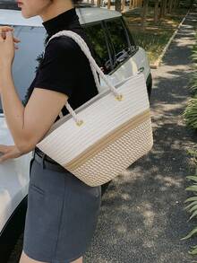 1 Piece, Pure Hand-Woven Bag In Leisure And Minimalist Vacation Style, Rope Braid, Open Style Ladies Beach Bag For Vacation Trip And Stylish Clothing Matching And Shopping With Friends, Gift For Girls, Suitable For Travel, Travel Essentials - 卡其色 - 查看 8