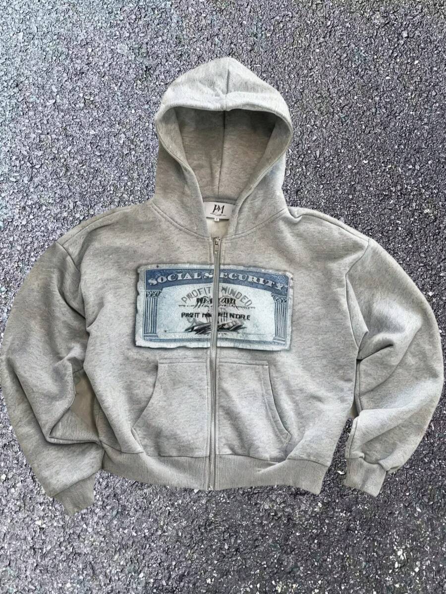 Y2k Casual Zip Up Hoodies Spring Outfits For Women, Sports Style Hip Hop Gray Jacket, Street Harajuku Style Jacket, Unisex, Casual Simple Retro Couple'S Jacket, Social Security Card Print Pattern Jacket, Oversize Hoodies St Pattys Day Outfit - 灰色 - 查看 1