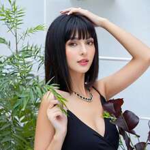 Peluca sintética negra con flequillo recto, pelo corto y liso, conjunto de cabeza completa, corte de pelo, peluca completa de seda de alta temperatura XGWO - 752-negro - Ver 7