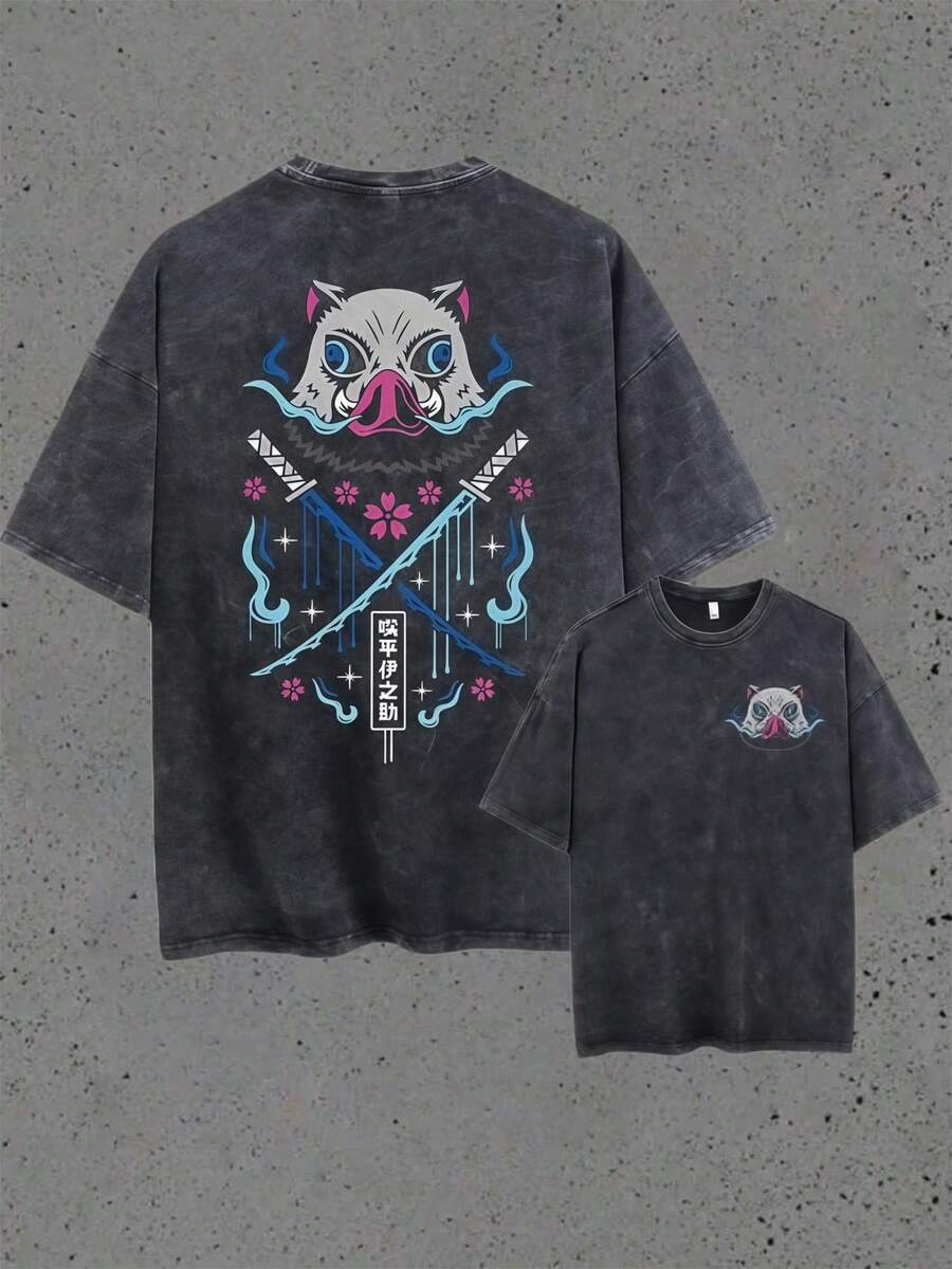 1PCS Double-Sided Retro T Shirts Inosuke Hashibira  Graphic Printed American Street Style Men Tops Tee, 230g 100 Percent Cotton, Crew Neck Short Sleeve Graphic Printed T Shirt, Unisex - 黑色 - 查看 1