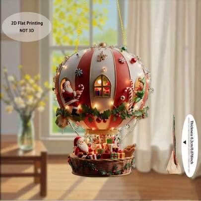 2D 平面亚克力热气球圣诞装饰 - 红色和金色，2D 平面室内/室外节日装饰，适合家庭、办公室 - 窗户/门装饰，2D 平面，圣诞装饰，圣诞家居装饰，圣诞节装饰，大型圣诞装饰，圣诞餐桌装饰