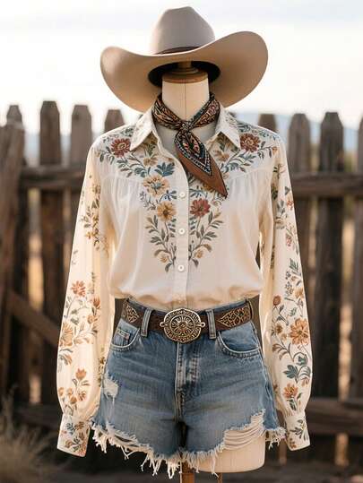 Camisa de manga larga con estampado retro bohemio de talla grande para mujer, con estampado floral retro con diseño, blusa bohemia casual de primavera y verano para mujer.