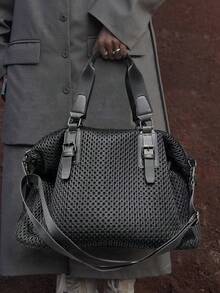 Ladies' Thick Mesh Shoulder Bag, Large Capacity Casual Simple Handbag, Short Distance Travel Commuting Crossbody Bag, Solid Color Splicing Technology, Detachable Shoulder Strap, Ladies' Wallet Suitable For Daily Commuting Use And Short Distance Travel - Black - View 1