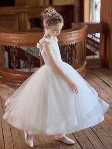 长款优雅白色花童连衣裙，蓬松薄纱女童裙 - 白色 - 查看 3