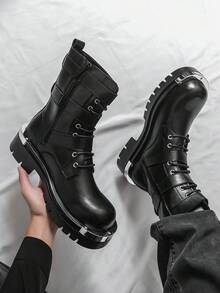 男士厚底德比靴，朋克风格系带金属孔眼户外休闲靴，三扣设计高帮登山靴 - 黑色 - 查看 1