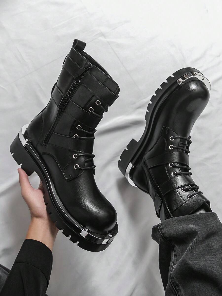 男士厚底德比靴，朋克风格系带金属孔眼户外休闲靴，三扣设计高帮登山靴 - 黑色 - 查看 1