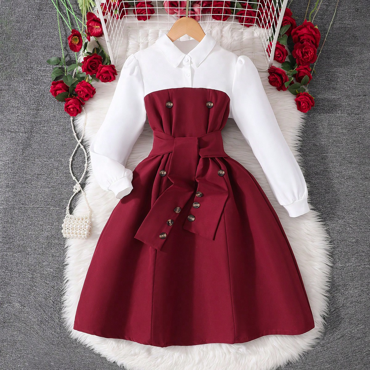 Vestido de niña de manga larga con cuello, botones y bloques de color, vestido de fiesta de Navidad