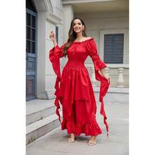 Renaissance Dress Women Victorian Medieval Gothic Witch Fairy Wedding Beige Off Shoulder Puff Sleeve Ruffle Dresses{"Color_name":"04-Wine","Size_name":"XX-Large/3X-Large"} - 04-葡萄酒 - 查看 9