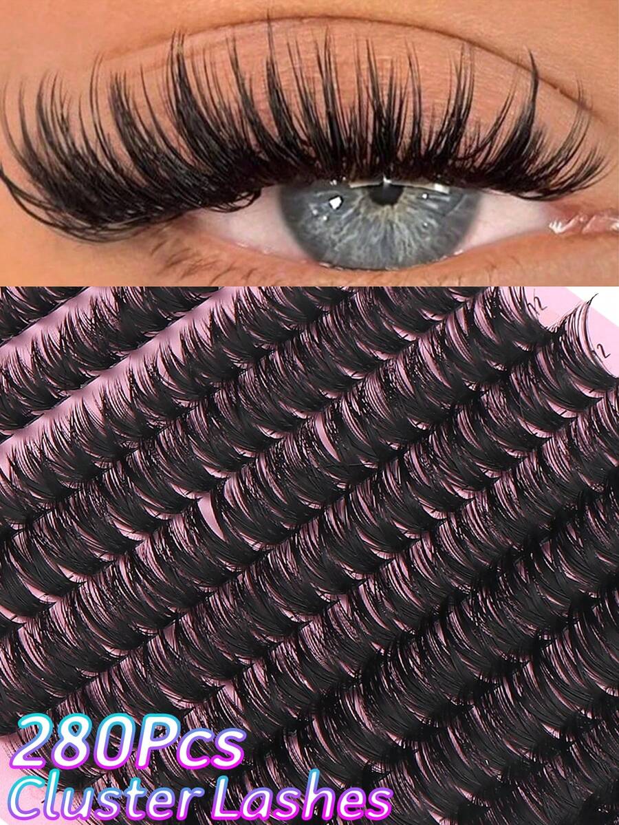 280 Pieces Of Cluster Lashes With A Curl Of 8-16mm, Mixed Lengths, Fine And Single-Strand, Natural Appearance, Fluffy Cluster Lashes, Fine Band, Reusable, DIY Eyelash Growth, Cluster Eyelashes, False Eyelashes Lash Clusters - D - View 1
