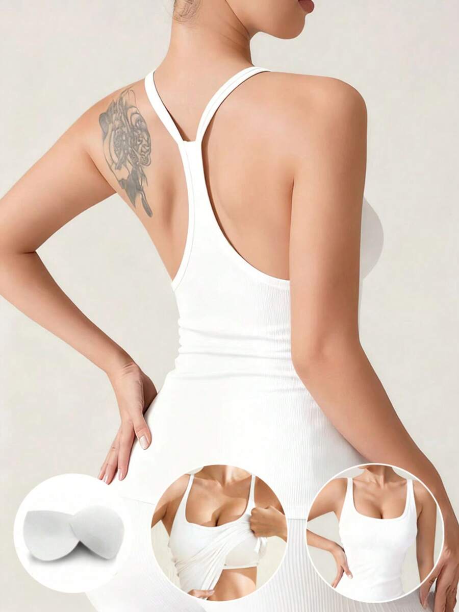 4-Season Versatile U-Neck White Backless Camisole, Fitted Breathable Outer/Inner Wear, Fashionable Racerback Sleeveless Top With Chest Pads, Casual Sports Tank