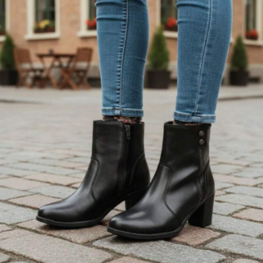 Bota Coturno Feminino Salto em Bloco Detalhe em Ziper Bico Fino Fashion exclusivo - Preto - Visão 1