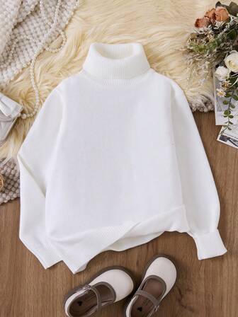 1pc Young Girl High Neck Solid Color Long Sleeve Pullover Sweater, Tween Pure White Knit Top, Versatile & Fashionable For Autumn