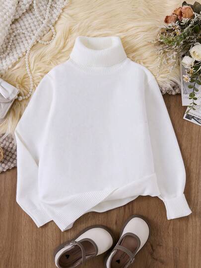 1pc Young Girl High Neck Solid Color Long Sleeve Pullover Sweater, Tween Pure White Knit Top, Versatile & Fashionable For Autumn