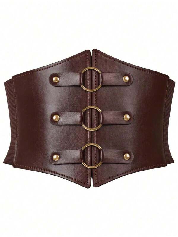 Cinto espartilho feminino de couro PU marrom café, elástico e moderno, com detalhe de argola redonda. Versátil para o Halloween e trajes renascentistas.