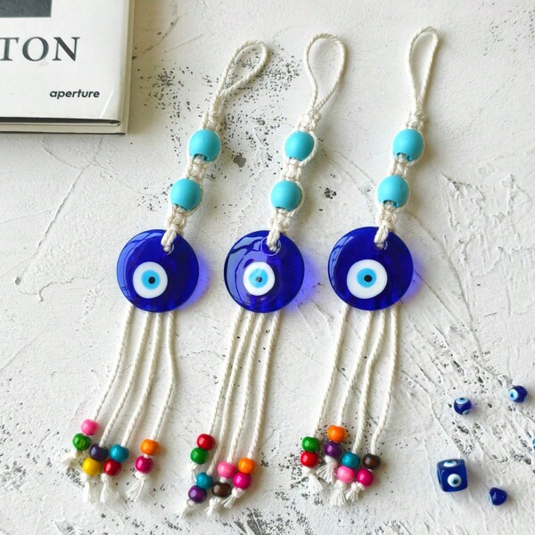 Bohemian Style Blue Eye Charm - Handcrafted Evil Eye Wall Decor & Car Hanging Ornament With Blue Glass - Unique Small Gift For Home, Bags & Vehicles - Peace & Protection Amulet