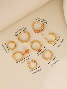 8pcs Fashionable Orange Cubic Zirconia Cartilage Hoop Earrings Set, Multi-Layer Clover Decor, Suitable For Women Daily, Party, Banquet Accessories - Yellow Gold - View 6