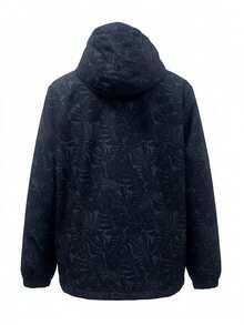 Damen Reißverschluss Kapuzenjacke leicht Lässig Windbreaker mit Taschen, botanisches Blattmuster, schwarze Outdoor Streetwear