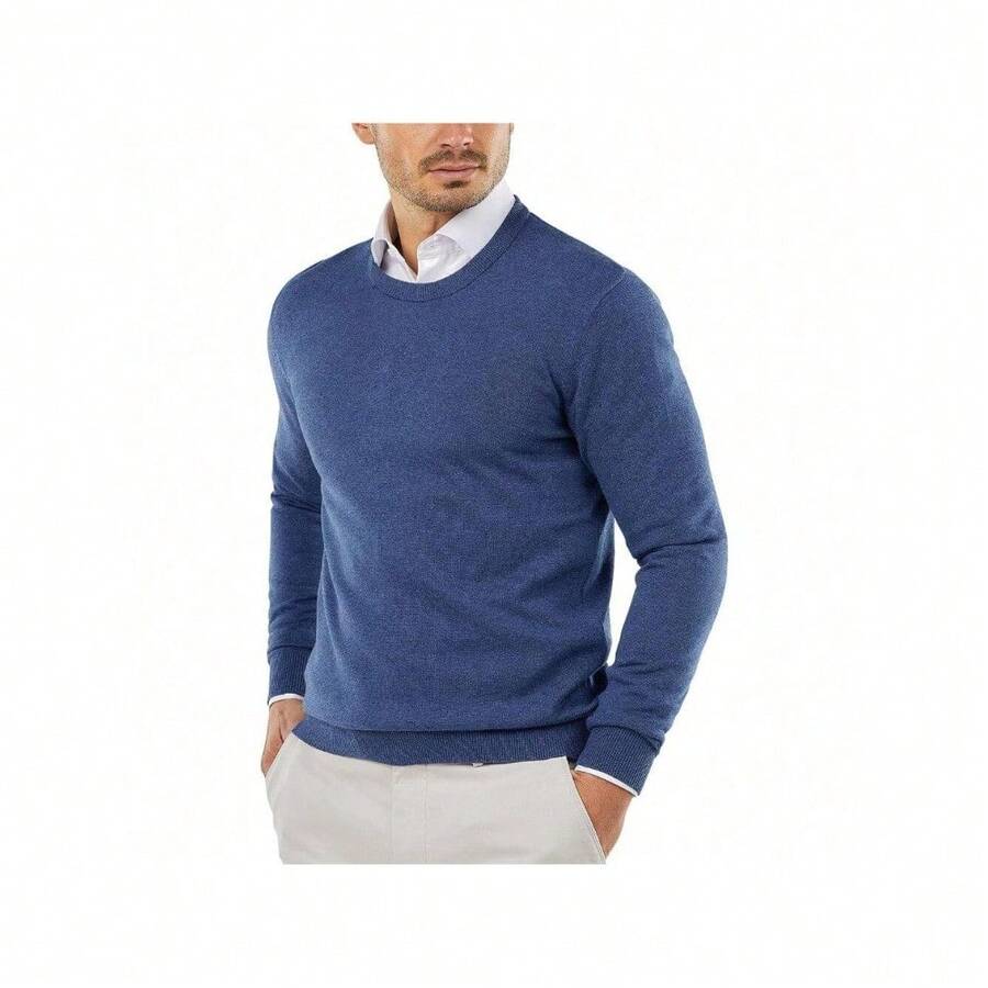 Men's Crew Neck Sweater Slim Fit Lightweight Sweatshirts Knitted Pullover For Casual Or Dressy Wear - 藍色 - 查看 1