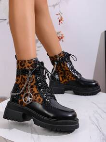 Women's Winter New Solid Color Patchwork Lace-Up Butterfly Metal Chain Side Zipper Thick Heel Ankle Boots, Punk Style Fashion Versatile Casual High Heel Booties