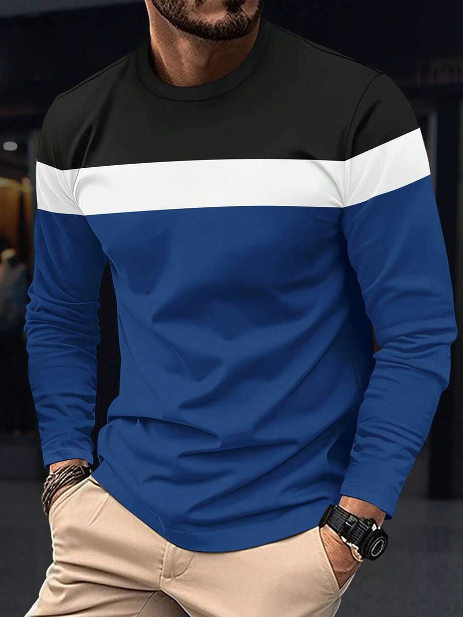 Spring & Autumn New Color Block Casual Sporty Homewear Loose Basic Long Sleeve Round Neck T-Shirt - Royal Blue - View 1