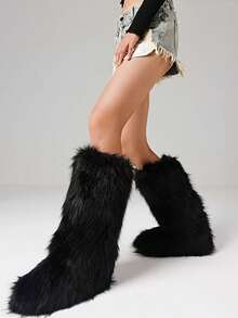 Furry Fluffy Women Mid Calf Boots Warmplush Knee High Flats Luxury Fashion Punk Goth Cosplay Women Winter Shoes For Halloween - màu đen - Xem 1