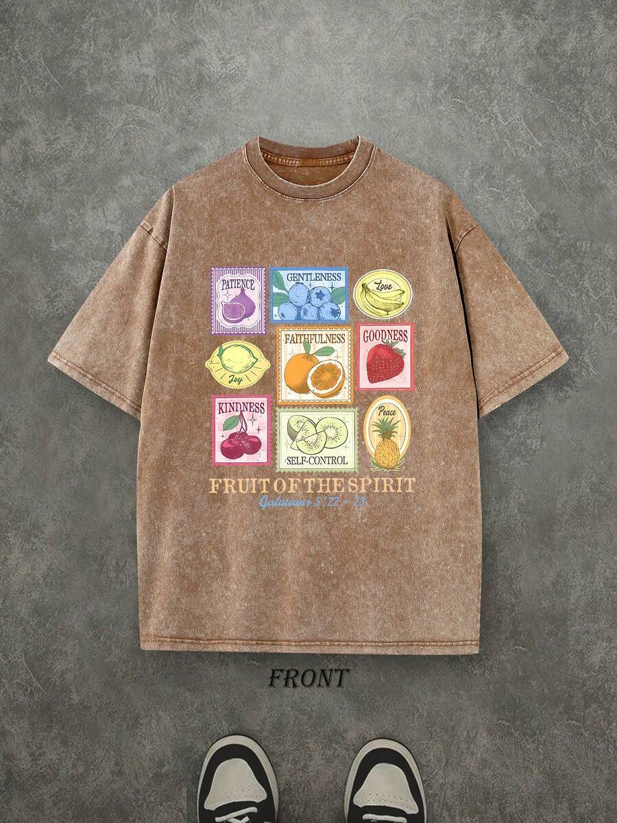 Fruit Of The Spirit Unisex Christian Washed Shirt, Christian Scripture T-Shirt, Vintage Retro Washed Shirt Single-Sided Printed (230 Heavyweight Pure Cotton T-Shirt)  High Quality Christian T-Shirt, Christian Gifts, Men's And Women's Shirts, Comfortable, Fashion Christian Shirt, Street Style Pure Cotton Fall Shirt - Cà phê nâu - Xem 1