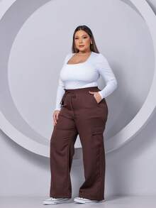 PLUS SIZE WIDE LEG HIGH WAIST PANTS WITH CARGO POCKET - 鏽棕色 - 查看 8