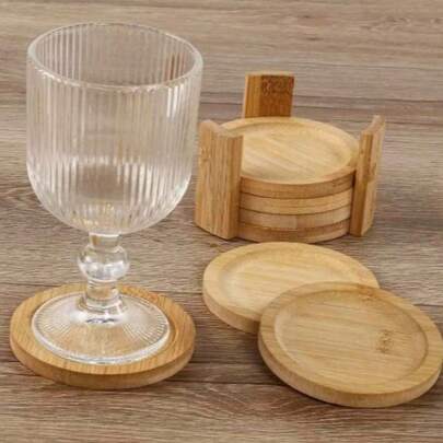 Porta Copos Redondo de Madeira com Suporte Bambu 6 Peças Ecokitchen Bolacha Para Copo