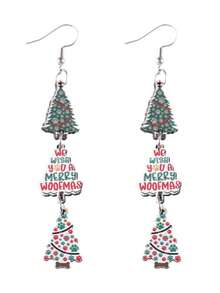 1 Pair Christmas Wooden 2D Flat Colorful Christmas Tree Pendant Earrings, Suitable For Christmas Season