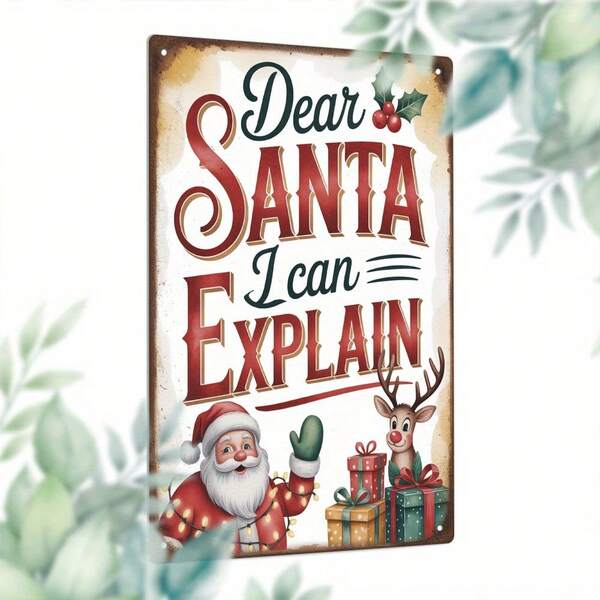 Vintage "Dear Santa I Can Explain" Metal Tin Sign - Rustic Christmas Wall Decor With Santa Hat, Gift Boxes & Holly - Funny Xmas Letter To Santa Decoration - Heavy-Duty Iron Retro Holiday Party Decorations For Home, Office, Bars - Easy Hang With Pre-Drilled Holes - Perfect For Christmas, Birthdays, Weddings, Anniversaries - Vintage Red & Green Lettering - Funny Santa Claus Decor, Christmas Aluminum Signs, Christmas Decor