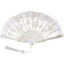 Lace Handheld Folding Fan Embroidered Flower Decorative Folding Fans Japanese Hand Fan 1920s Costume Wedding Bridal Dancing Tea Party 1, White - 1 + Trắng - Xem 1